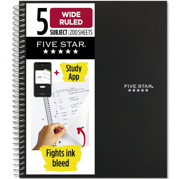 Five Star Spiral Notebook + Study App, 5 Subject, Wide Ruled, 8" x 10.5", Black