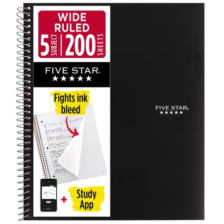 Five Star Spiral Notebook + Study App, 5 Subject, Wide Ruled, 8" x 10.5", Black
