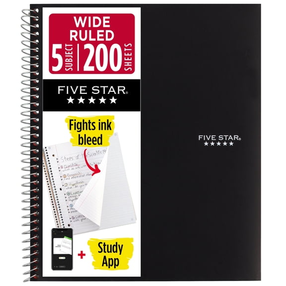 Five Star Spiral Notebook + Study App, 5 Subject, Wide Ruled, 8" x 10.5", Black