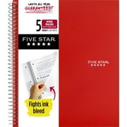 Five Star 5 Subject Wide Ruled Notebook Plus Study App, 8" x 10.5", Fire Red, Poly, Spiral, 200 Sheets