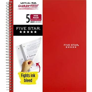 Five Star 5 Subject Wide Ruled Notebook Plus Study App, 8" x 10.5", Fire Red, Poly, Spiral, 200 Sheets