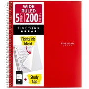 Five Star Spiral Notebook + Study App, 5 Subject, Wide Ruled, 8" x 10.5", Fire Red
