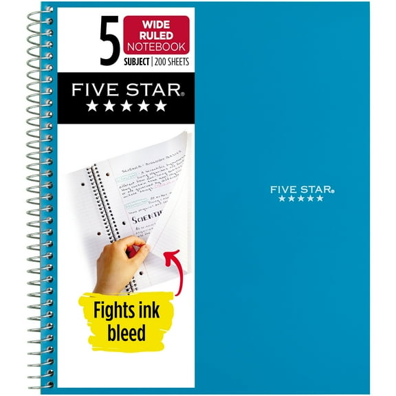 Five Star Spiral Notebook + Study App, 5 Subject, Wide Ruled, 8" x 10.5"