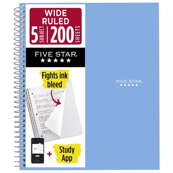 Five Star® Spiral Notebook Plus Study App, 5 Subject, Wide Ruled, 8" x 10 1/2", Sky Blue