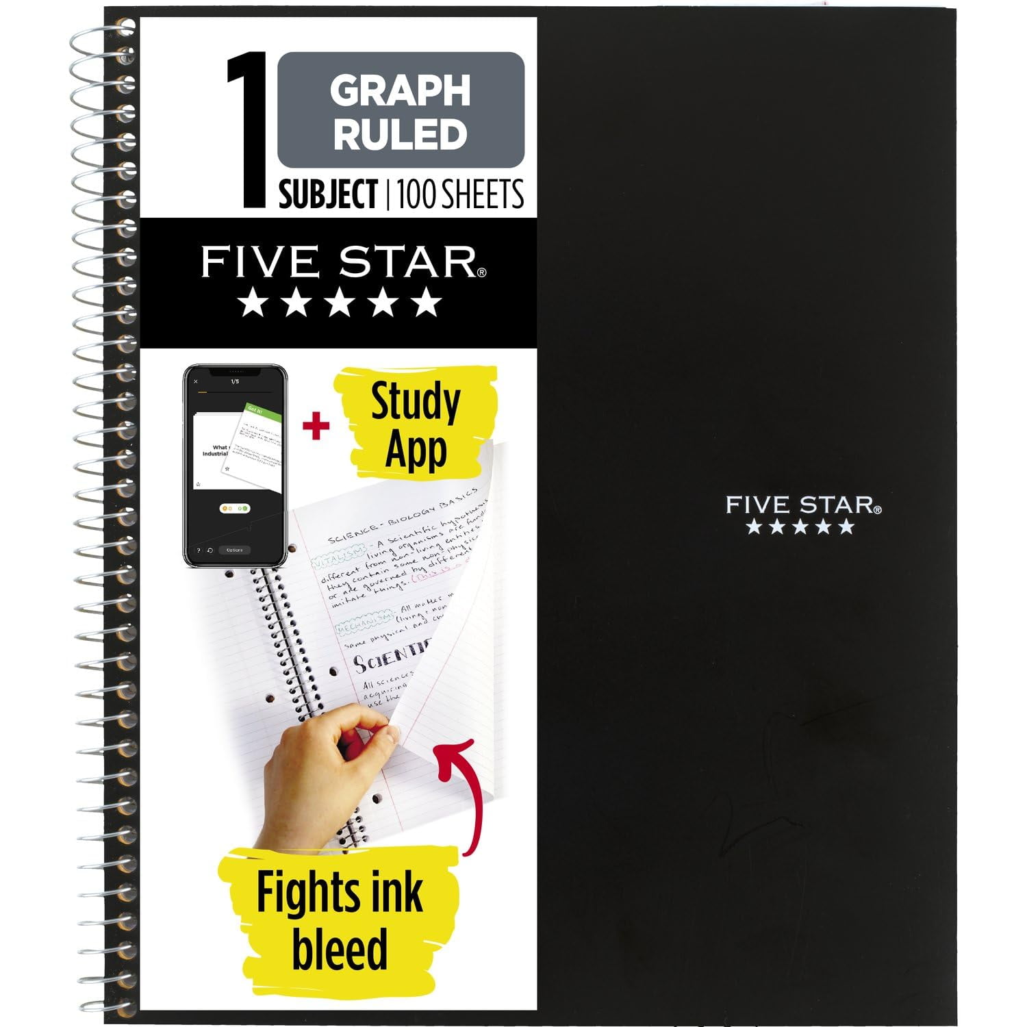 Five Star Spiral Notebook + Study App, 1 Subject, Graph Ruled Paper, Fights Ink Bleed, Water Resistant Cover, 8-1/2" x 11", 100 Sheets, Black (73679)