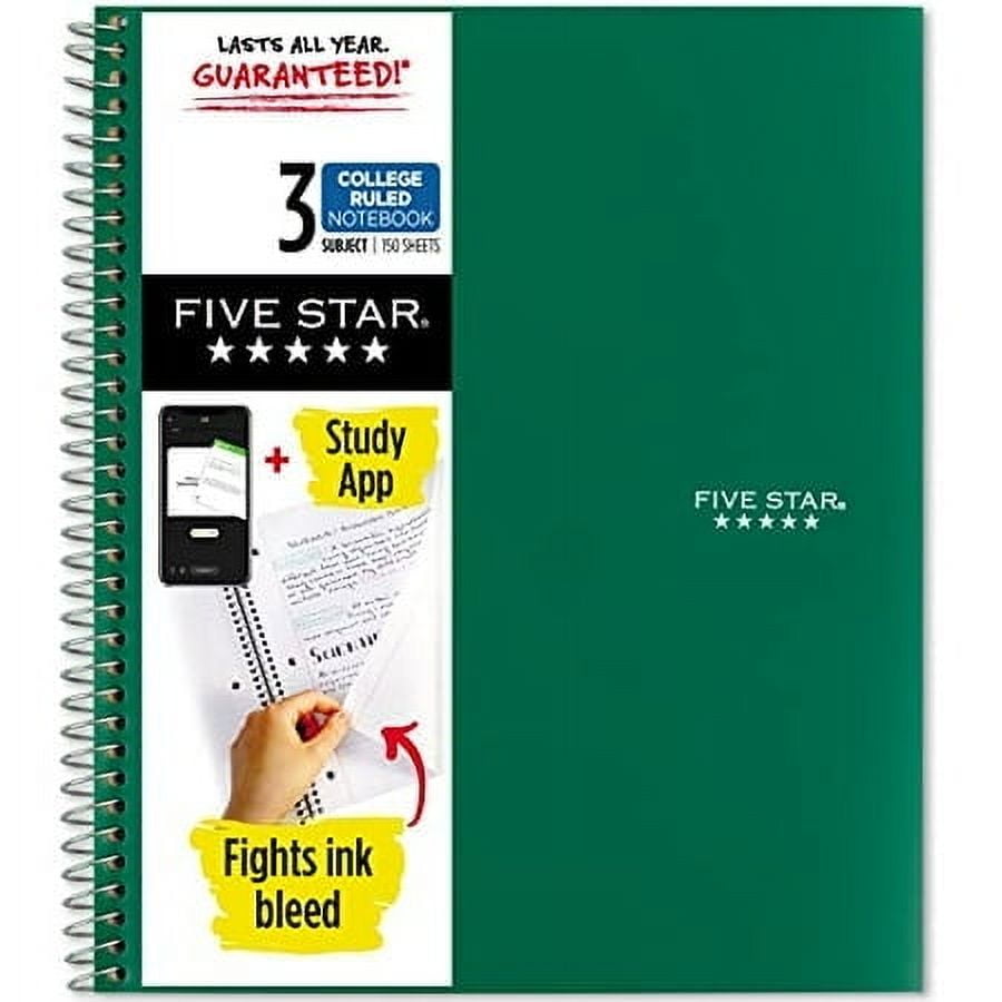 Five Star Spiral Notebook + Study App  3 Subject  College Ruled Paper  150 Sheets  11  x 8-1/2   Forest Green  1 Count (72067)