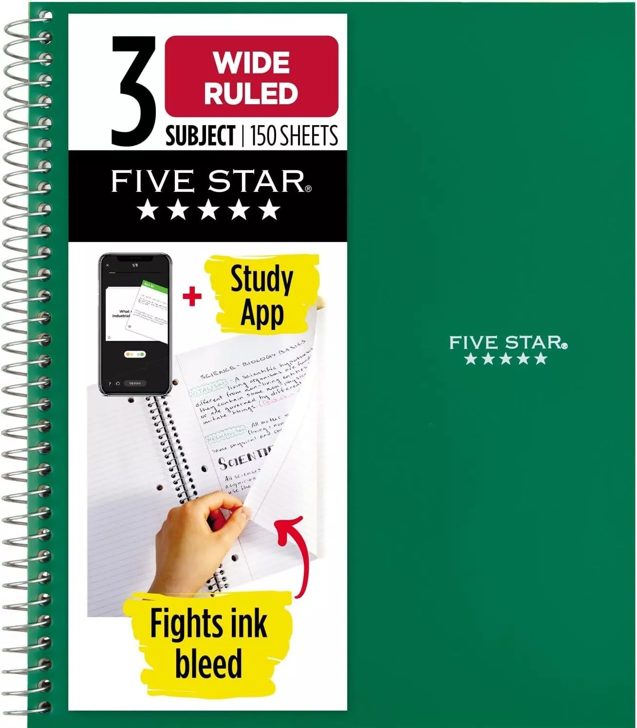 Five Star Spiral Notebook + Study App, 3 Subject, Wide Ruled Paper, 150 Sheets,