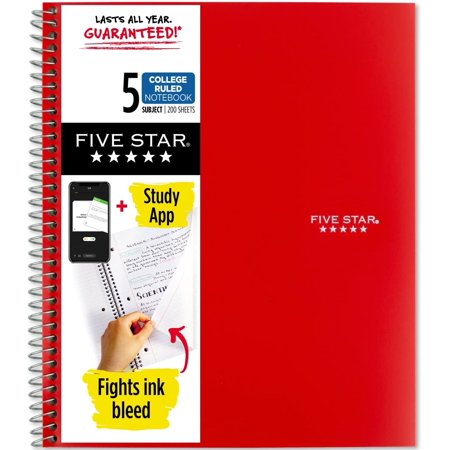 Five Star Spiral Notebook + Study App, 5 Subject, College Ruled Paper, 11" X 8-1/2", 200 Sheets, Red, 1 Count (72077)