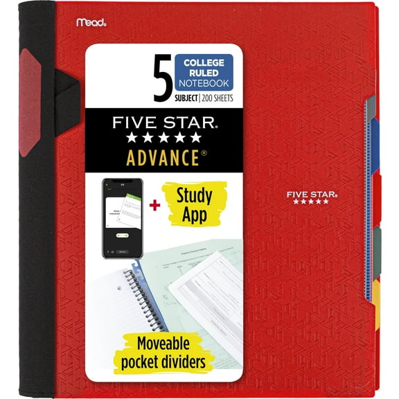 Five Star Spiral Notebook + Study App, 5 Subject, College Ruled Paper, Advance Notebook with Spiral Guard, Movable Tabbed Dividers and Expanding Pockets, 8-1/2" x 11", 200 Sheets, Red (73146)