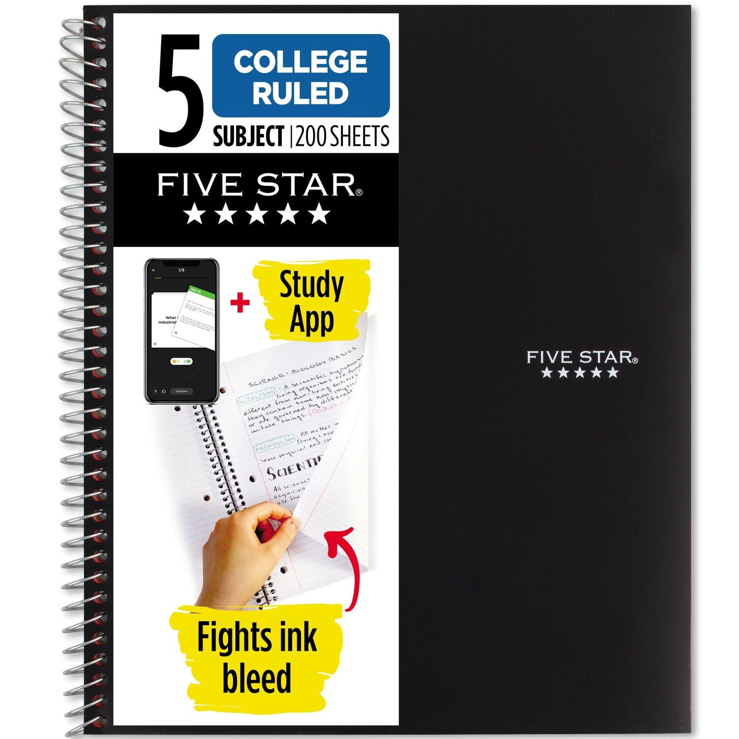 Five Star Spiral Notebook + Study App, 5 Subject, College Ruled Paper, Fights Ink Bleed, Water Resistant Cover, 8-1/2" x 11", 200 Sheets, Black (72081) C40