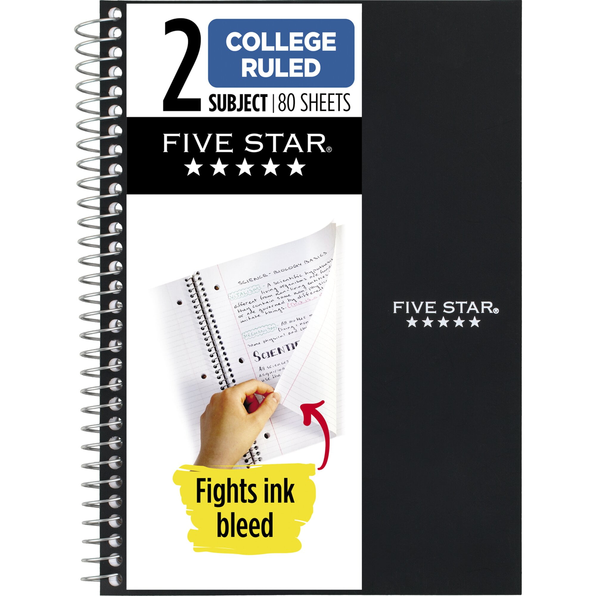 Five Star Spiral Notebook 2 Subject College Ruled 6 x 9 12 Black - Spiral