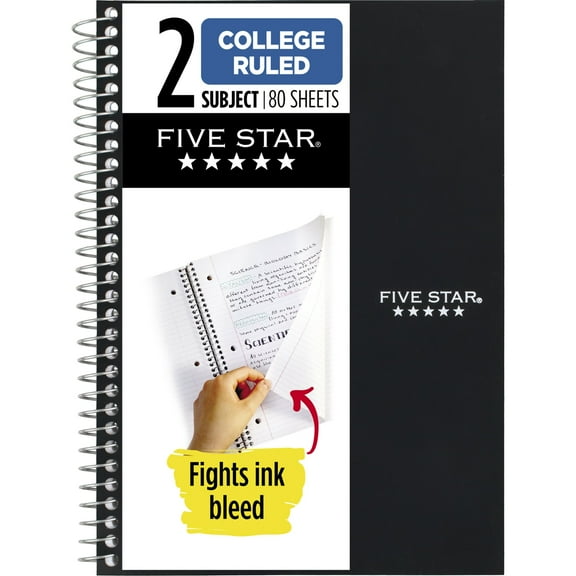 Five Star Spiral Notebook, 2 Subject, College Ruled, 6" x 9.5", Black