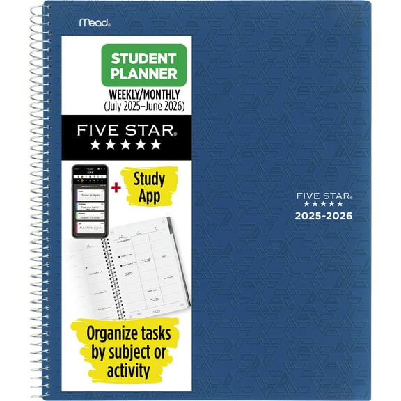 Five Star Academic 2025-2026 Weekly-Monthly Student Planner Plus Study App, Blue