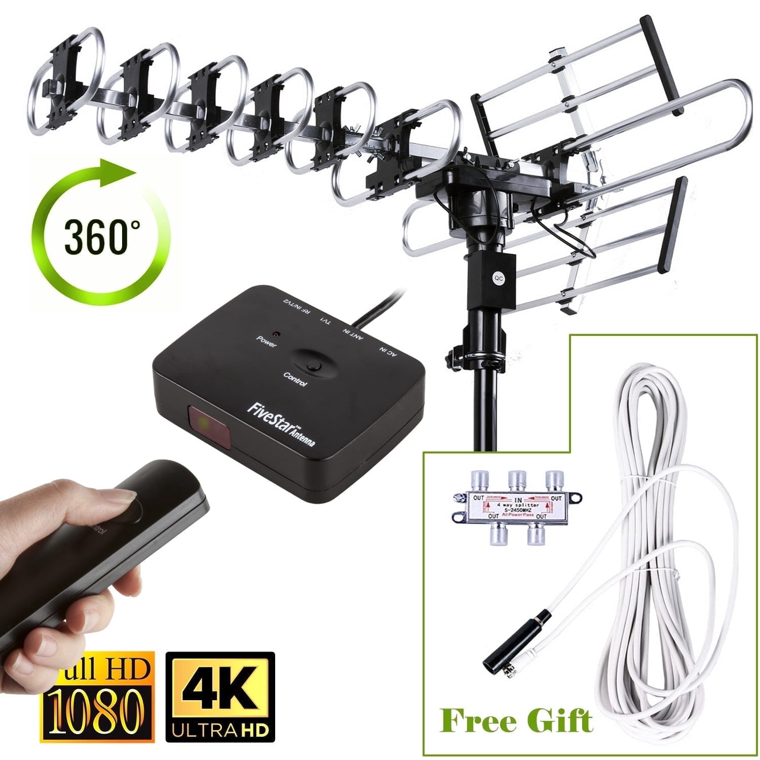 Five Star TV Antenna Super Long Range Outdoor Motorized Amplified HDTV High Gain 36dB UHF VHF