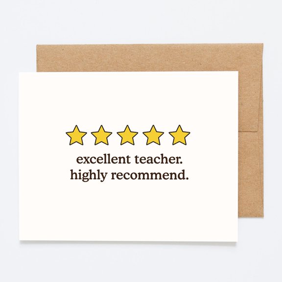 Five-Star Teacher Appreciation Greeting Card, Minimalist Educator Thank You Note with Kraft Envelope, Review Style Design for School Instructors, Professors, and Mentors