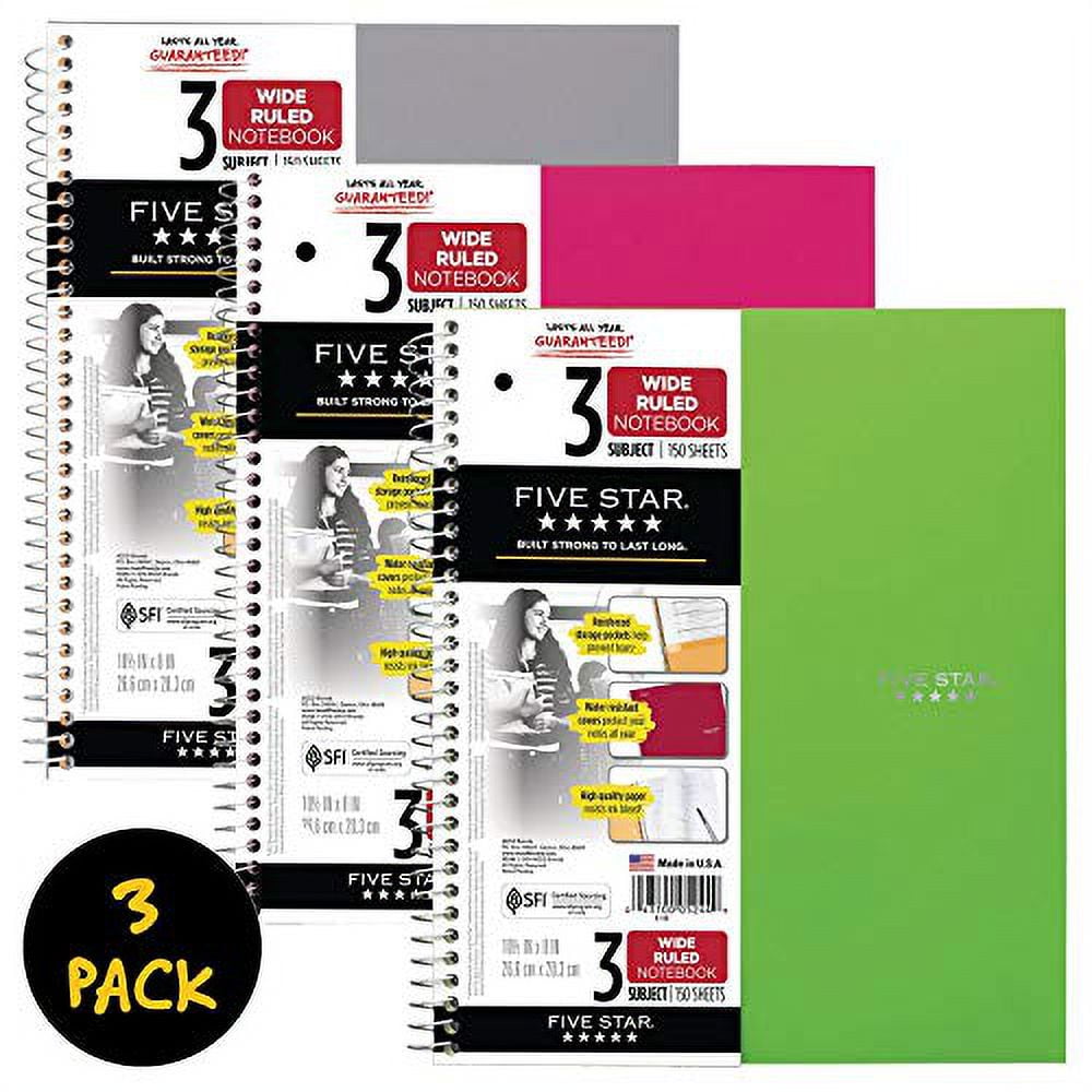 Five Star Trend Wirebound Notebook, 3 Subject, Wide Ruled, 10 1/2" x 8", 3 Pack, Assorted Colors