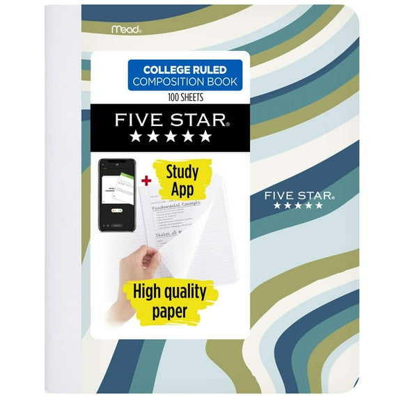 Five Star Waves Composition Book Plus Study App, College Ruled, 100 Sheets, 7.5 in x 9.75 in, Blue