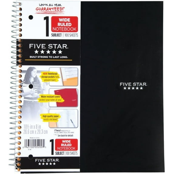 Five Star Wide Ruled Spiral Notebook, 10.5 x 8 inch, Assorted Colors, 100 Pages, 2 Count, 2 Pack