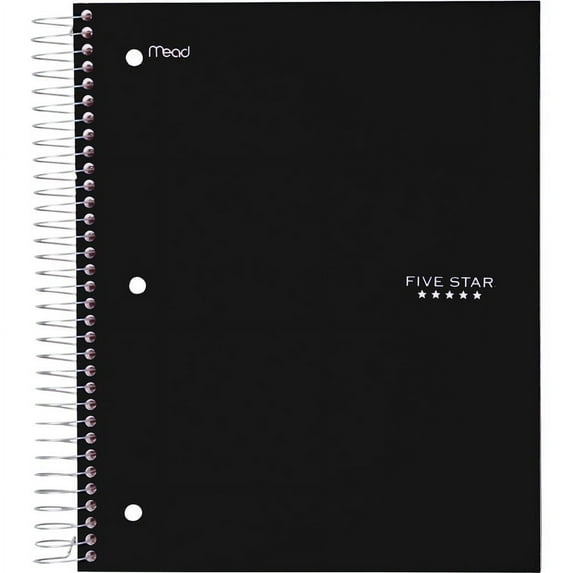 Five Star Wirebound Black 5-subject Notebook - 200 Sheets - Wire Bound - Wide Ruled - 3 Hole(s) - 8" x 10 1/2" - Black Cover - Plastic Cover - Perforated, Water Resistant, Durable | Bundle of 5