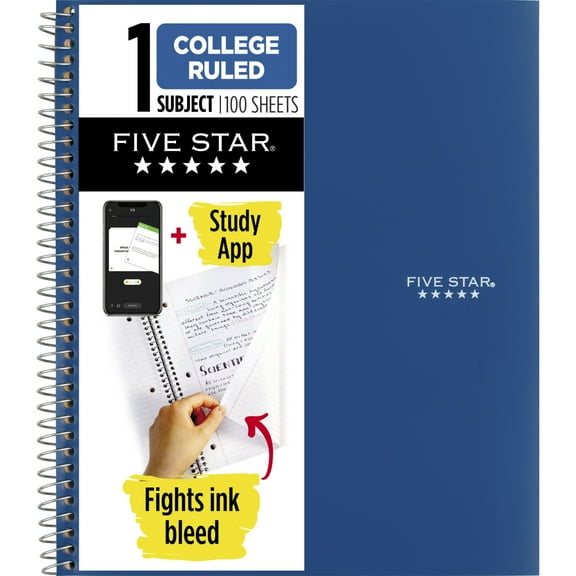 Five Star 1 Subject College Ruled Notebook Plus Study App, 8.5" x 11", Pacific Blue, Poly, Spiral, 100 Sheets