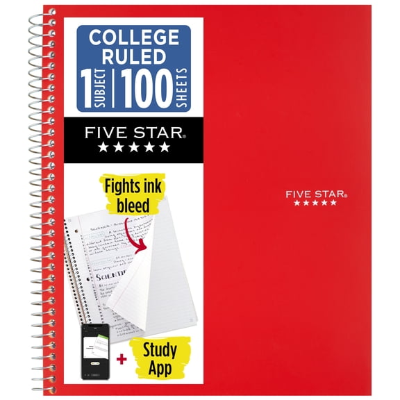 Five Star Wirebound Notebook - 1 Sub 100ct CR, Red