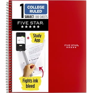 Cuaderno espiral Five Star + app de estudio, 1 materia, rayado universitario, 8.5" x 11", rojo fuego