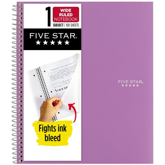 Five Star Spiral Notebook + Study App, 1 Subject, Wide Ruled, 8" x 10.5", Amethyst