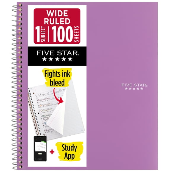 Five Star Spiral Notebook + Study App, 1 Subject, Wide Ruled, 8" x 10.5", Amethyst