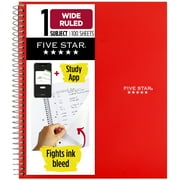 Five Star 1 Subject Wide Ruled Notebook Plus Study App, 8" x 10.5", Fire Red, Poly, Spiral, 100 Sheets