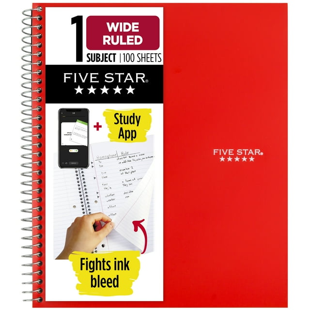Five Star 1 Subject Wide Ruled Notebook Plus Study App, 8" x 10.5", Fire Red, Poly, Spiral, 100 Sheets