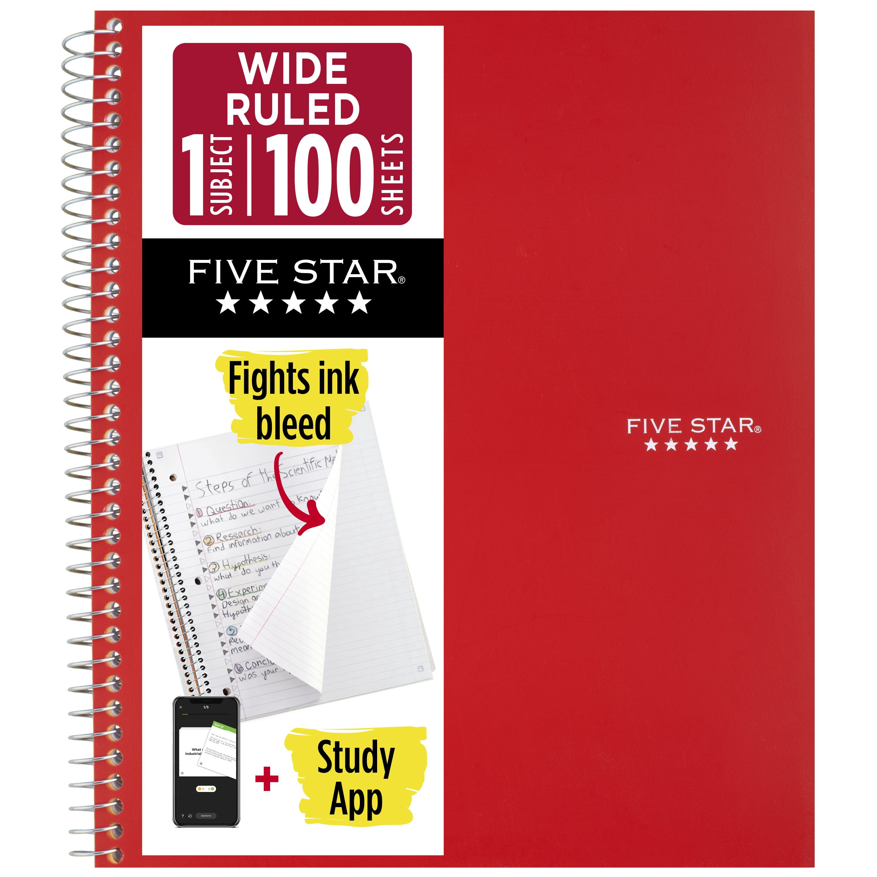 Five Star 1 Subject Wide Ruled Notebook Plus Study App, 8" x 10.5", Fire Red, Poly, Spiral, 100 Sheets
