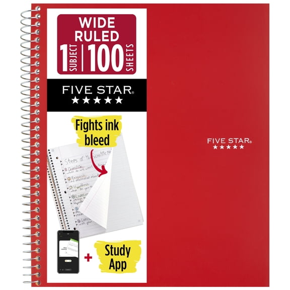 Five Star 1 Subject Wide Ruled Notebook Plus Study App, 8" x 10.5", Fire Red, Poly, Spiral, 100 Sheets