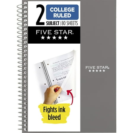 Five Star 2 Subject College Ruled Notebook, 6" x 9.5", Gray, Poly, Spiral, 80 Sheets