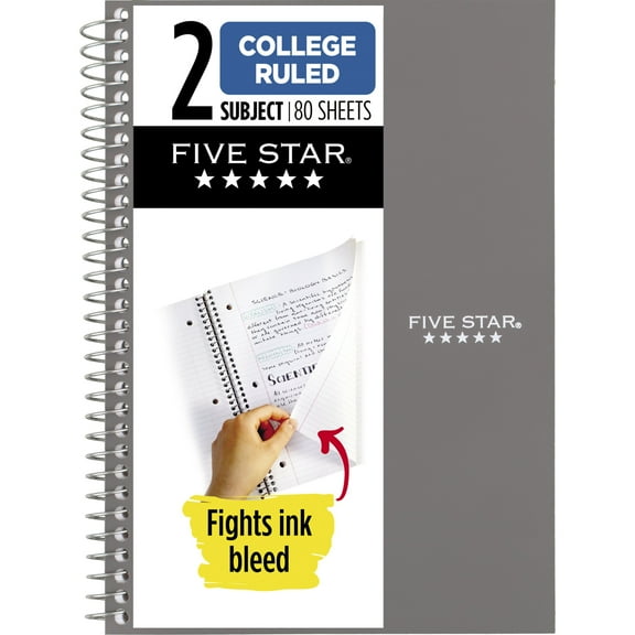 Five Star 2 Subject College Ruled Notebook, 6" x 9.5", Gray, Poly, Spiral, 80 Sheets