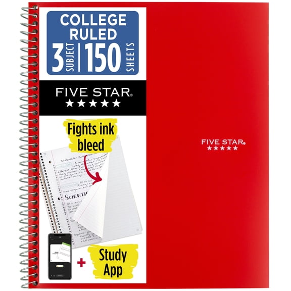 Five Star Spiral Notebook + Study App, 3 Subject, College Ruled, 8.5" x 11", Fire Red