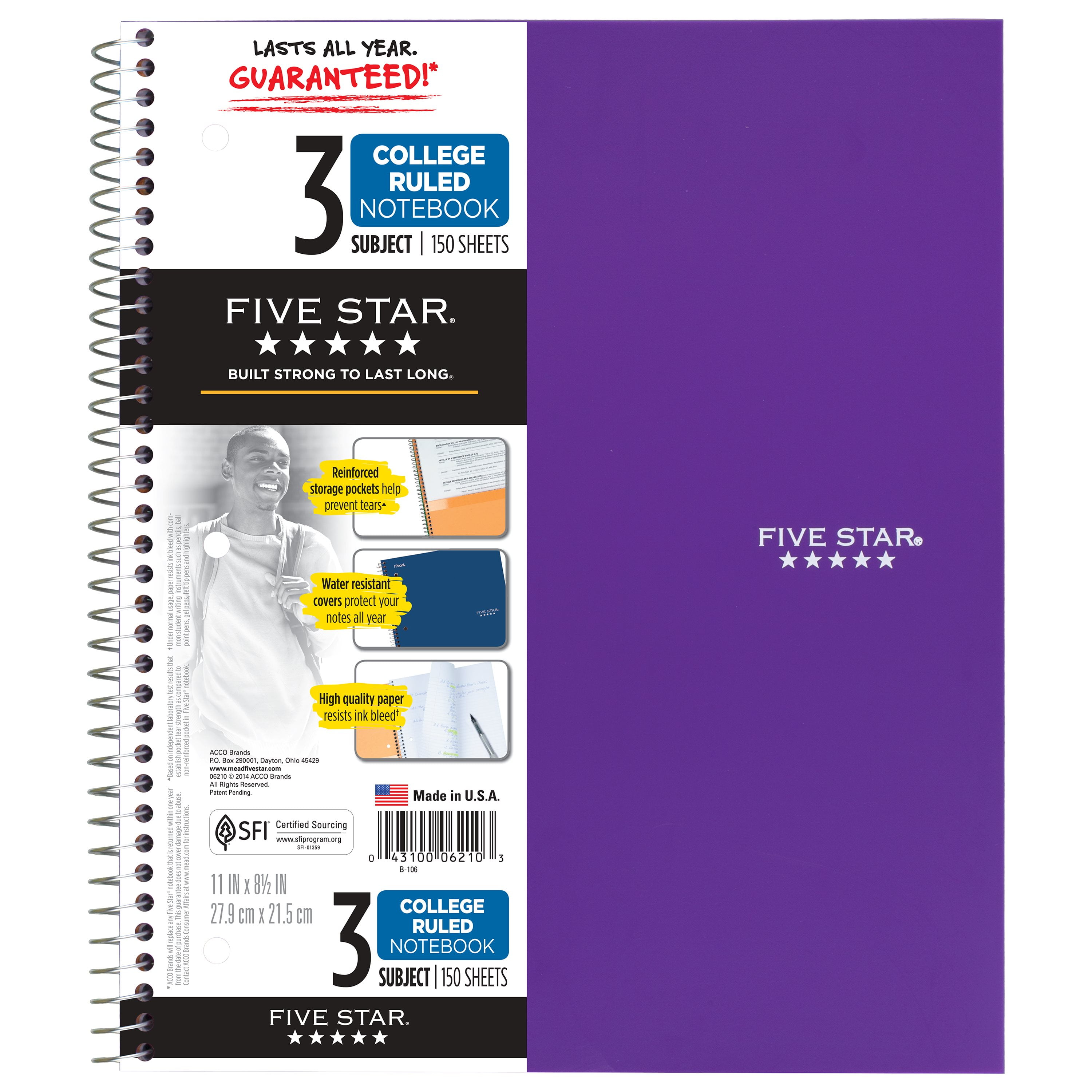 Five Star Wirebound Notebook, 3 Subject, College Ruled, 11" x 8 1/2", Berry (38741)