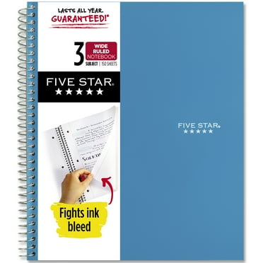 Five Star 3 Subject Wide Ruled Notebook Plus Study App, 8" x 10.5", Tidewater Blue, Poly, Spiral, 150 Sheets
