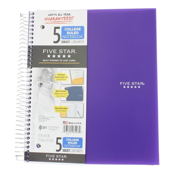Five Star Wirebound Notebook, 5 Subject, 200 Sheets, College Ruled, 11in X 8.5in (2 Pack)