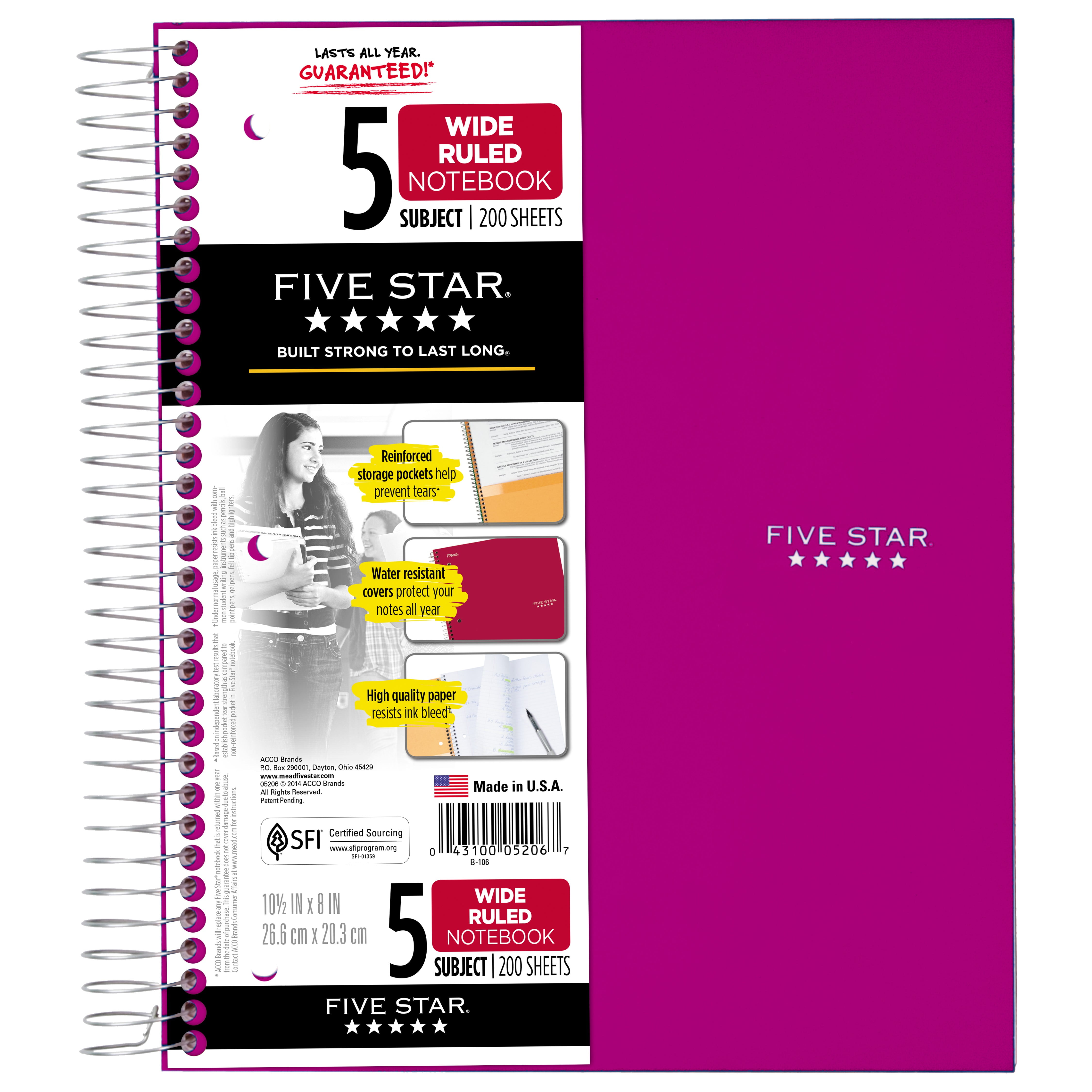 Five Star Wirebound Notebook 5 Subject, Berry