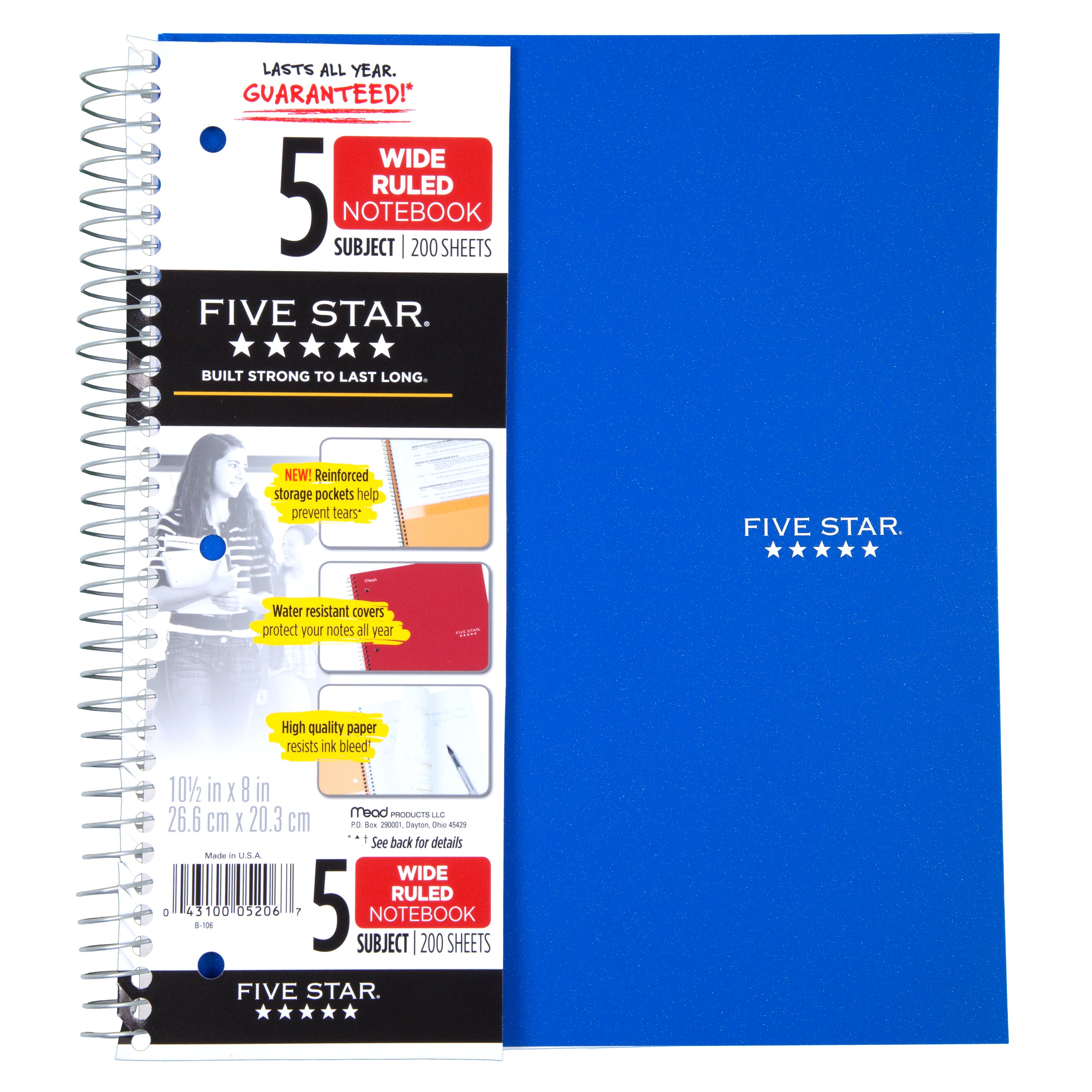 Five Star Wirebound Notebook, 5 Subject, Wide Ruled, 1 Count, Color Will Vary - image 1 of 6
