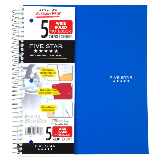 Five Star Wirebound Notebook, 5 Subject, Wide Ruled, 1 Count, Color Will Vary