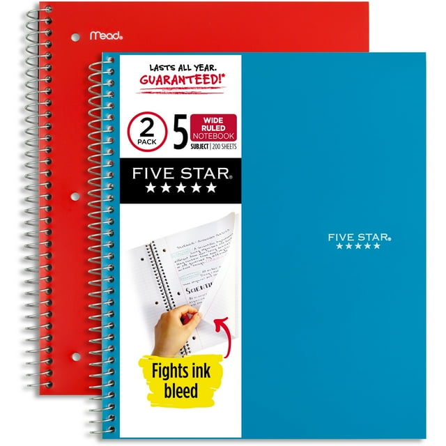 Five Star Wirebound Notebook 5 Subject Wide Ruled 8 x 10 12 2 Pack