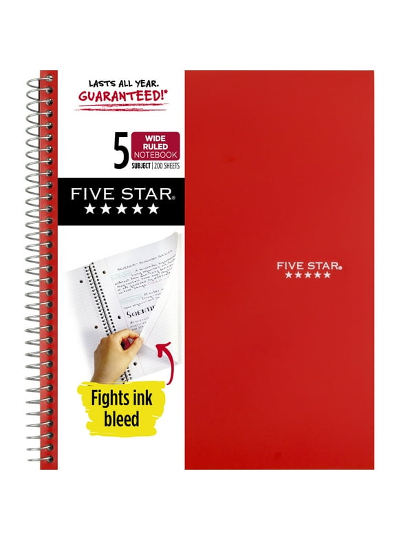 Five Star Wirebound Notebook, 5 Subject, Wide Ruled, Fire Red (930012CK1-WMT)