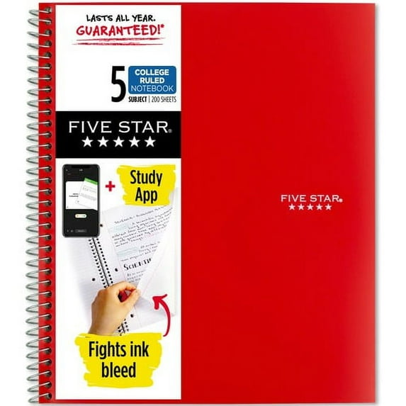 Five Star Wirebound Notebook - 5 Subject(s)200 Pages - Wire Bound - College Ruled - 8 1/2" x 11" - Red Cover - Double Sided Sheet, Durable, Water Resistant, Wear Resistant, Tear | Bundle of 2 Each