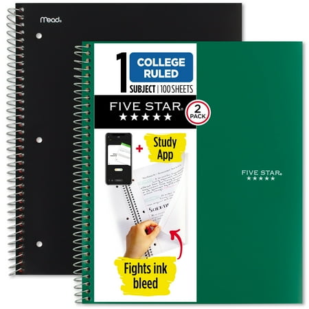 Five Star Spiral Notebook + Study App, 1 Subject, College Ruled, 8.5" x 11", 2 Pack