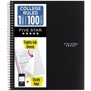 Five Star Cuaderno Universitario 1 Materia + App de Estudio, 8.5" x 11", Negro, Poli, Espiral, 100 Hojas