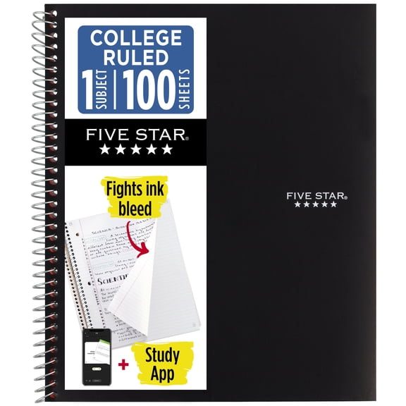 Five Star 1 Subject College Ruled Notebook Plus Study App, 8.5" x 11", Black, Poly, Spiral, 100 Sheets