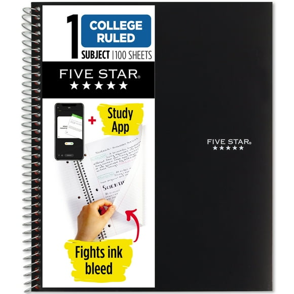 Five Star 1 Subject College Ruled Notebook Plus Study App, 8.5" x 11", Black, Poly, Spiral, 100 Sheets
