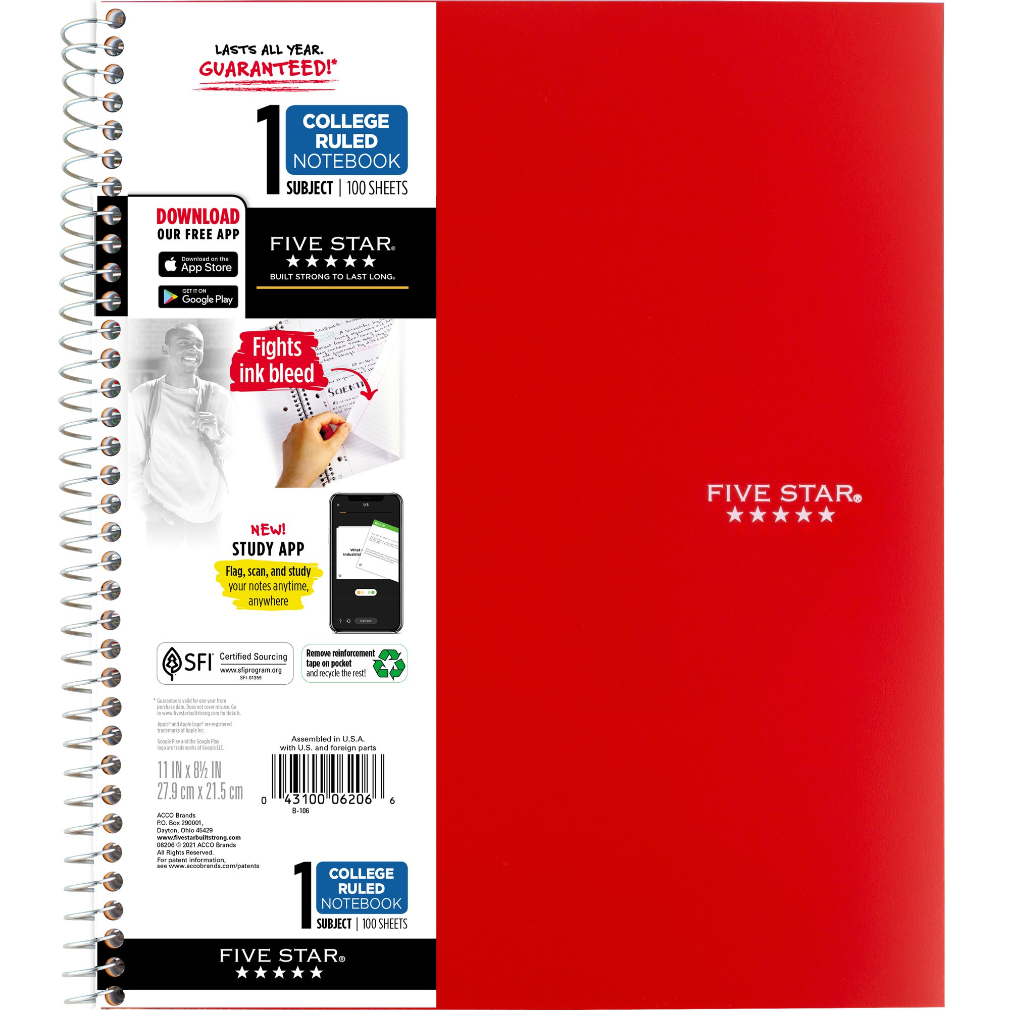 Five Star Wirebound Notebook Plus Study App, 1 Subject, College Ruled, Fire Red (820002B-WMT-MOD) - image 1 of 9
