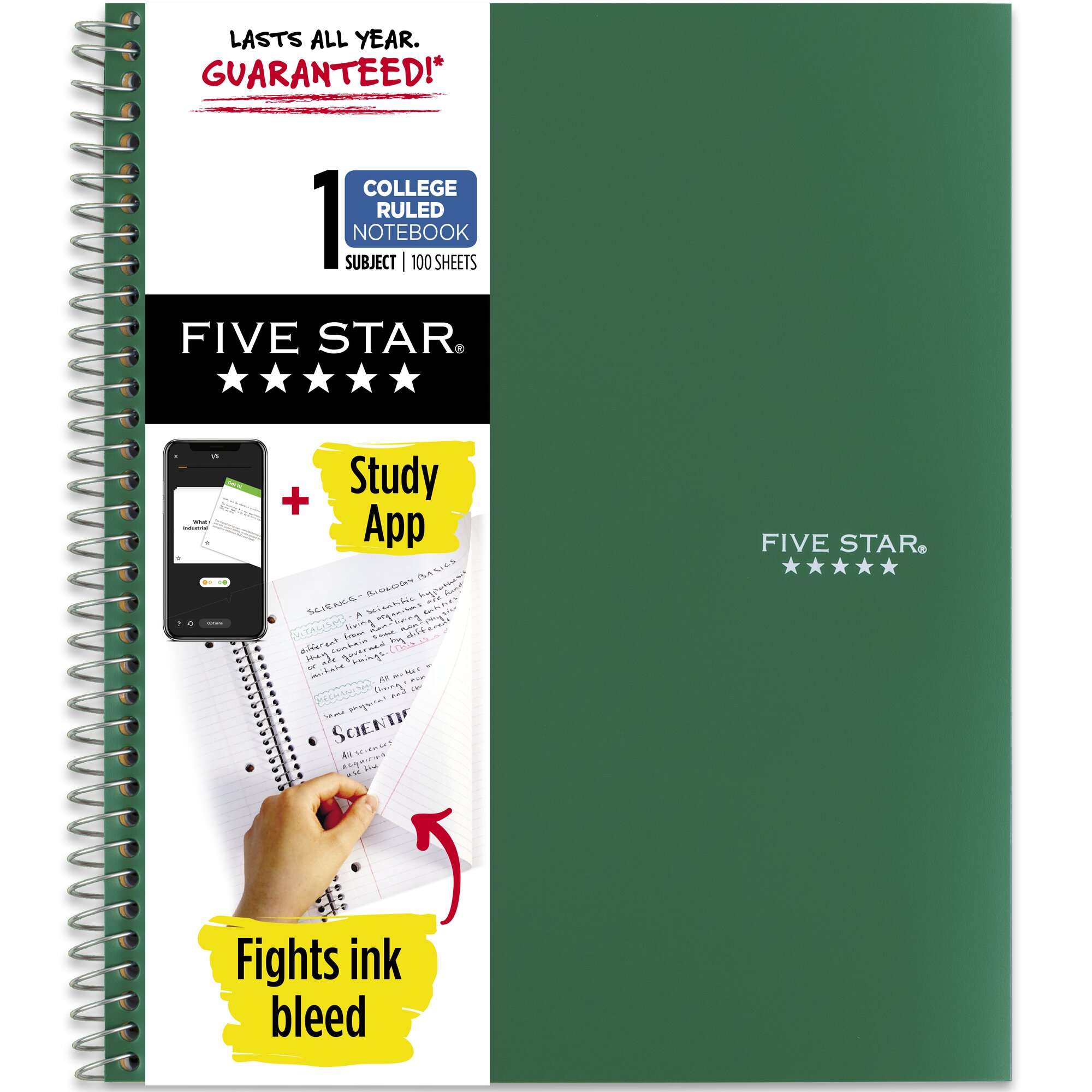 Five Star Wirebound Notebook Plus Study App, 1 Subject, College Ruled, Forest Green (820002CE1-WMT-MOD) - image 1 of 9